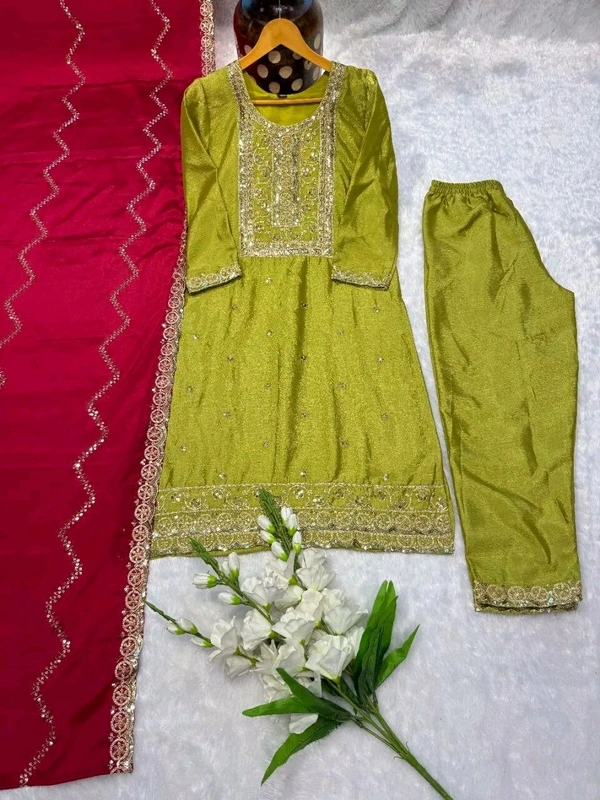 New Launching Heavy Chinnon Silk Salwar Kameez With Dupatta For Wedding Wearbridesmaid_outtfit - Husk, M