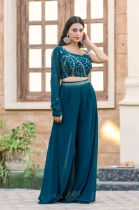 Georgatte Wedding Wear Ladies Georgette Embroidered Top Palazzo Set - Astronaut Blue, L