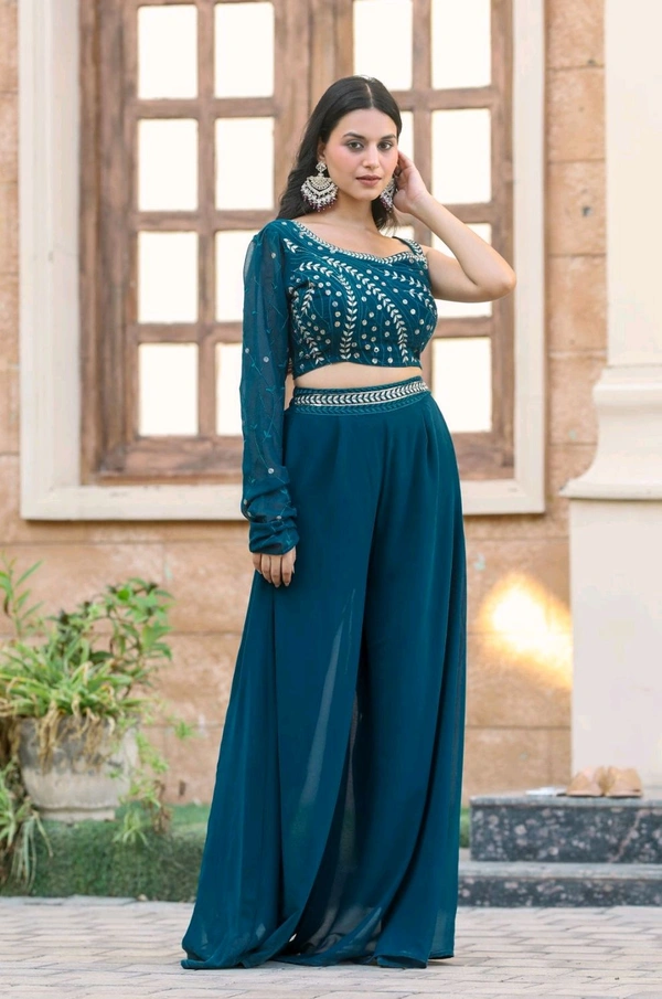 Georgatte Wedding Wear Ladies Georgette Embroidered Top Palazzo Set - Astronaut Blue, L