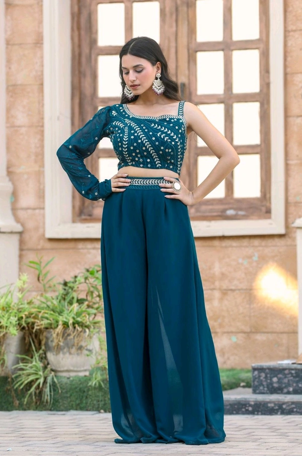 Georgatte Wedding Wear Ladies Georgette Embroidered Top Palazzo Set - Astronaut Blue, M