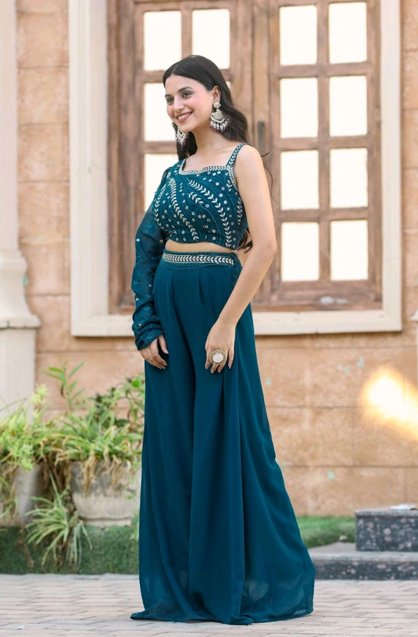 Georgatte Wedding Wear Ladies Georgette Embroidered Top Palazzo Set - Astronaut Blue, XXL