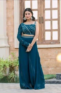 Georgatte Wedding Wear Ladies Georgette Embroidered Top Palazzo Set - Astronaut Blue, XXL