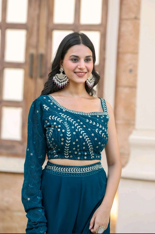 Georgatte Wedding Wear Ladies Georgette Embroidered Top Palazzo Set - Astronaut Blue, XXL