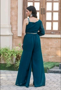 Georgatte Wedding Wear Ladies Georgette Embroidered Top Palazzo Set - Astronaut Blue, XXL