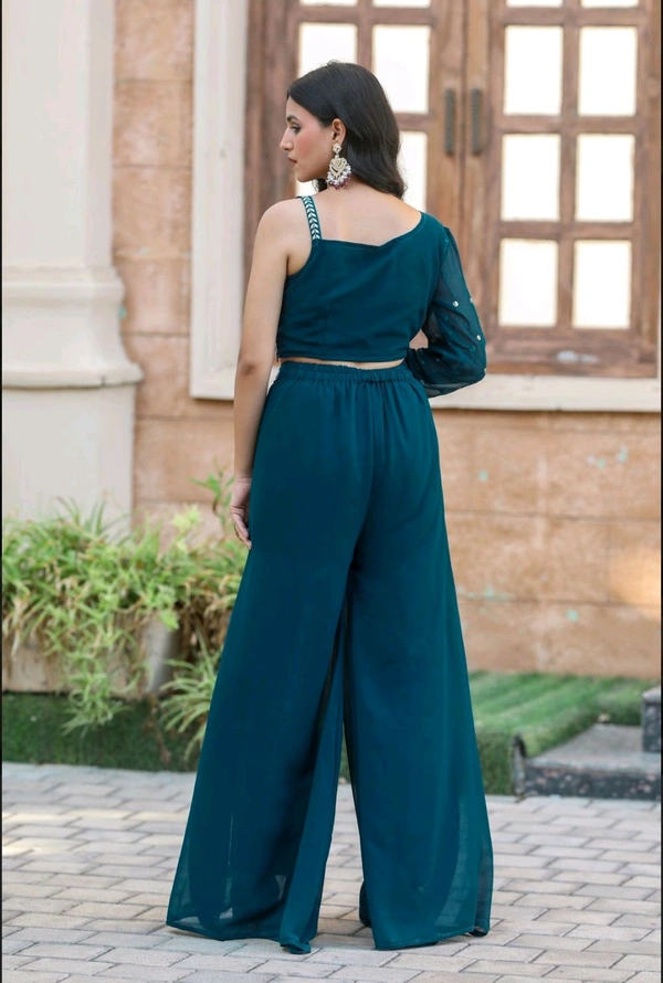 Georgatte Wedding Wear Ladies Georgette Embroidered Top Palazzo Set - Astronaut Blue, XXL