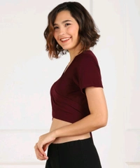 Casual Regular Sleeves Solid Women Black Top - maroon, M