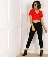Casual Regular Sleeves Solid Women Black Top - Red, XS