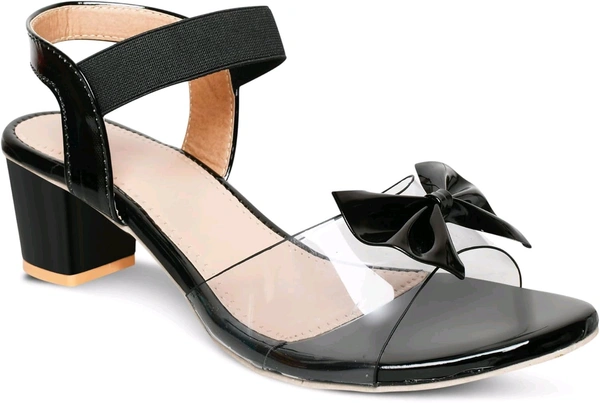 Trendz Walk Fancy & Stylish Transparent Block Heel Sandal Upper Bow Design 2 inch Heel Snadal - Black, 4