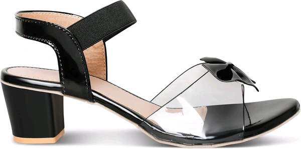 Trendz Walk Fancy & Stylish Transparent Block Heel Sandal Upper Bow Design 2 inch Heel Snadal - Black, 5