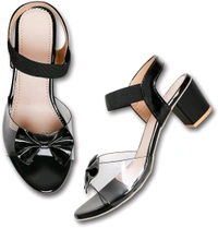Trendz Walk Fancy & Stylish Transparent Block Heel Sandal Upper Bow Design 2 inch Heel Snadal - Black, 5