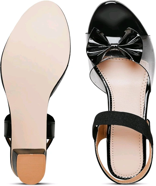 Trendz Walk Fancy & Stylish Transparent Block Heel Sandal Upper Bow Design 2 inch Heel Snadal - Black, 6