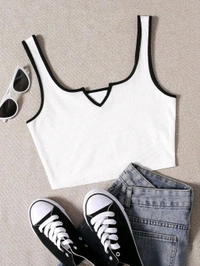 Women's Casual Notch Neck Ribbed Knit Slim Fit Crop Tank Top
 - White, S