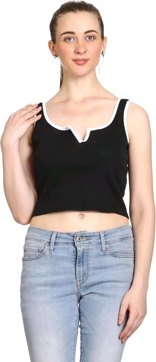 Women's Casual Notch Neck Ribbed Knit Slim Fit Crop Tank Top
 - Black, XL
