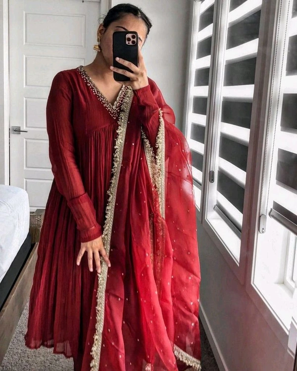 Wine Elegant Party Wear Alia Cut Anarkali Gown Set with Dupatta & Bottom - Cardinal, XL