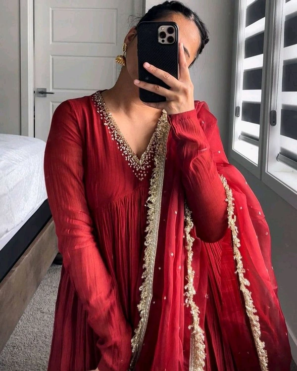 Wine Elegant Party Wear Alia Cut Anarkali Gown Set with Dupatta & Bottom - Cardinal, XL