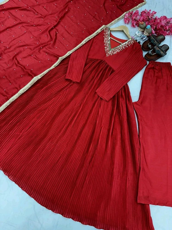 Wine Elegant Party Wear Alia Cut Anarkali Gown Set with Dupatta & Bottom - Cardinal, XL