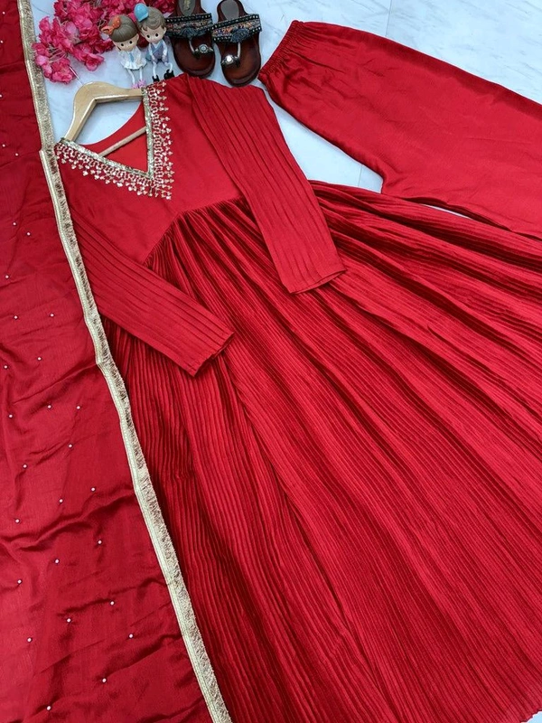 Wine Elegant Party Wear Alia Cut Anarkali Gown Set with Dupatta & Bottom - Cardinal, XL
