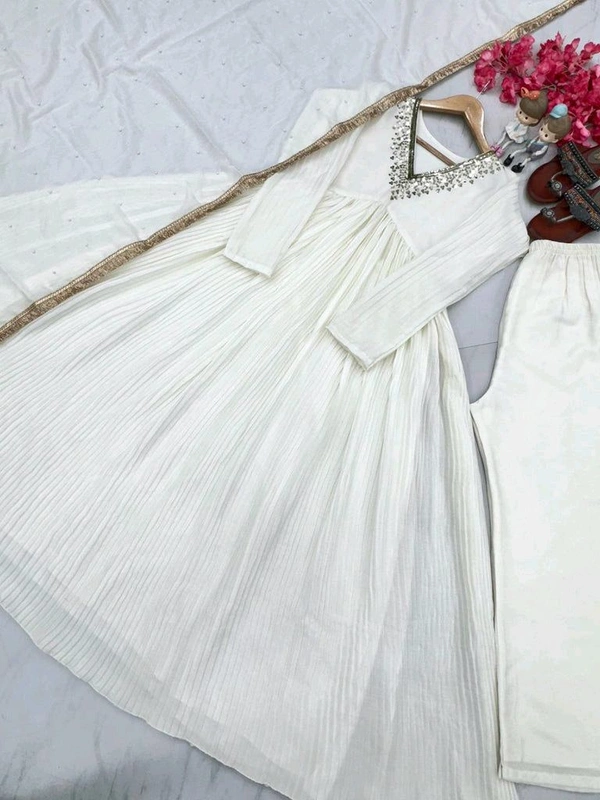 Wine Elegant Party Wear Alia Cut Anarkali Gown Set with Dupatta & Bottom - White, XL