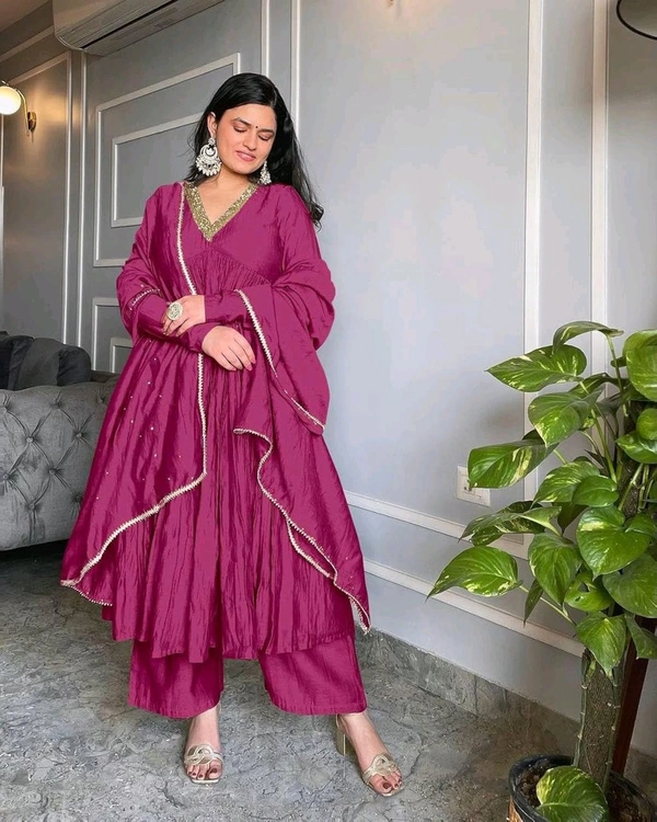Wine Elegant Party Wear Alia Cut Anarkali Gown Set with Dupatta & Bottom - Royal Heath, XXL