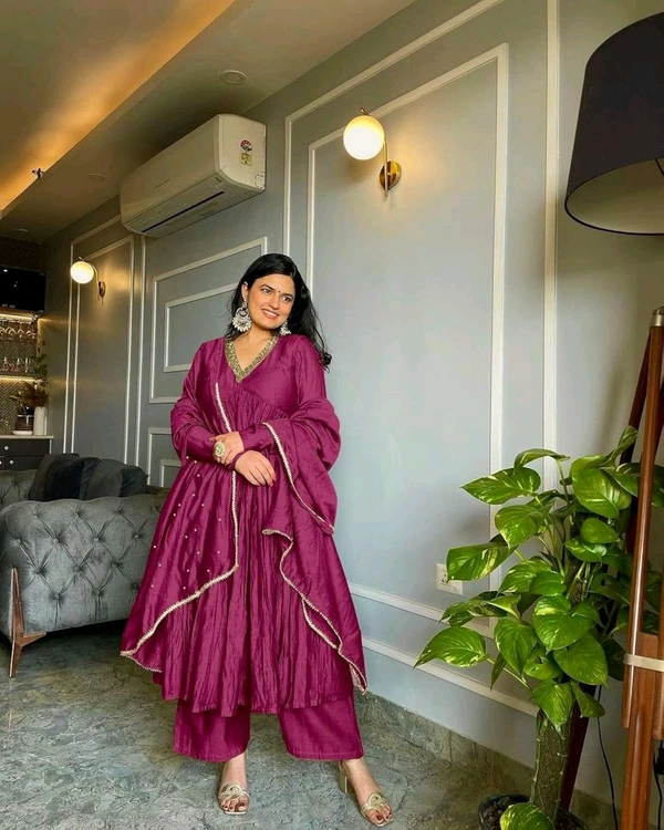 Wine Elegant Party Wear Alia Cut Anarkali Gown Set with Dupatta & Bottom - Royal Heath, XXL