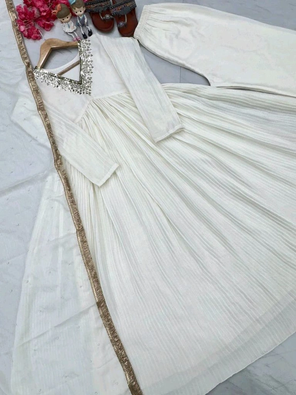 Wine Elegant Party Wear Alia Cut Anarkali Gown Set with Dupatta & Bottom - White, XXL