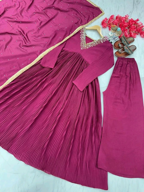 Wine Elegant Party Wear Alia Cut Anarkali Gown Set with Dupatta & Bottom - Royal Heath, Free Size