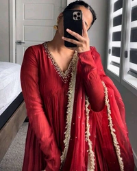 Wine Elegant Party Wear Alia Cut Anarkali Gown Set with Dupatta & Bottom - Cardinal, Free Size