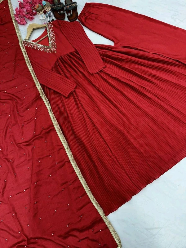 Wine Elegant Party Wear Alia Cut Anarkali Gown Set with Dupatta & Bottom - Cardinal, Free Size