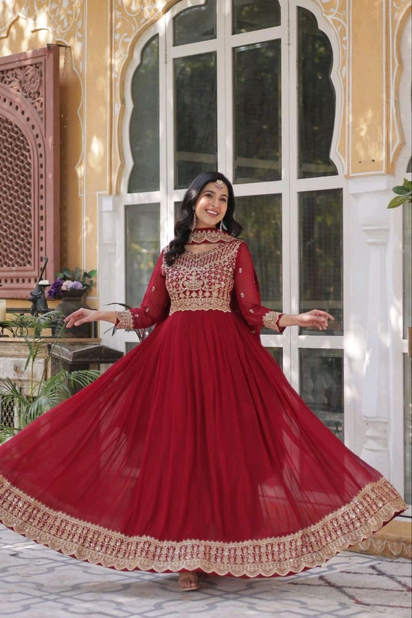 Ruby Red Color Faux Blooming Embroidered Gown - Merlot, L