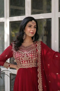 Ruby Red Color Faux Blooming Embroidered Gown - Merlot, M