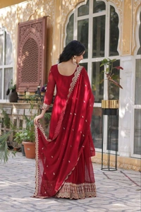 Ruby Red Color Faux Blooming Embroidered Gown - Merlot, M