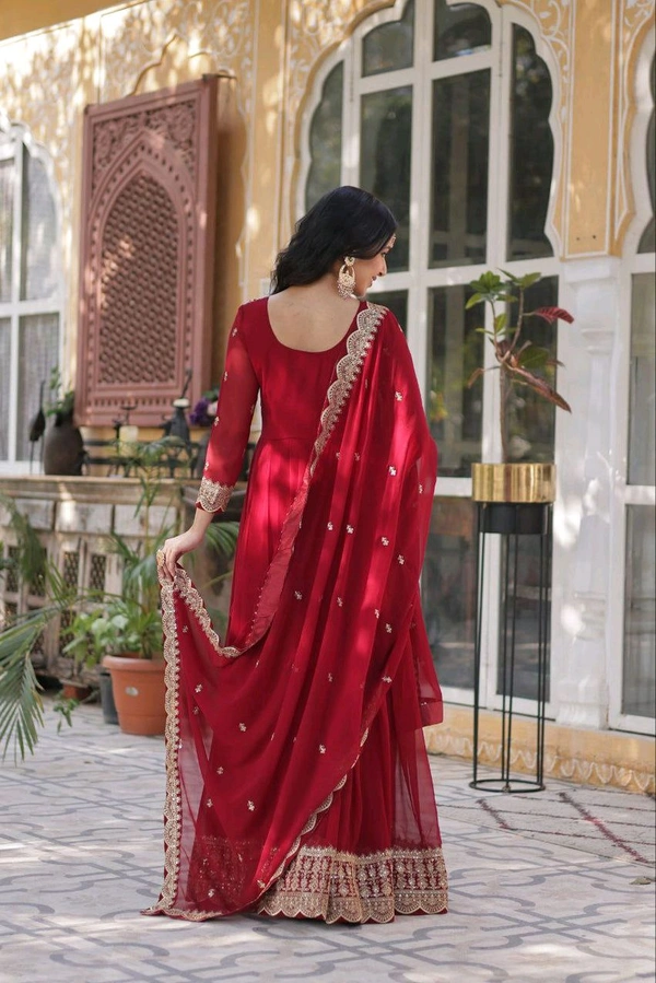 Ruby Red Color Faux Blooming Embroidered Gown - Merlot, M