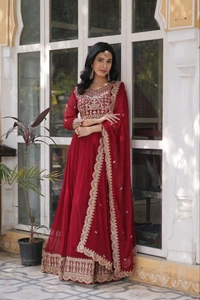 Ruby Red Color Faux Blooming Embroidered Gown - Merlot, M