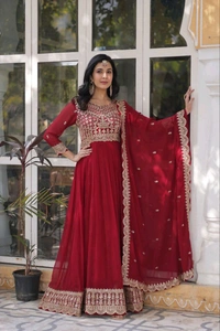 Ruby Red Color Faux Blooming Embroidered Gown - Merlot, XL