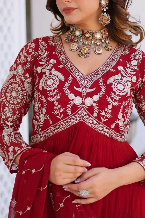 Dazzling Fox Georgette Gown with Heavy Sequence Embroidery & Matching Dupatta – Fully Stitched| My Handicraft India - Shiraz, L