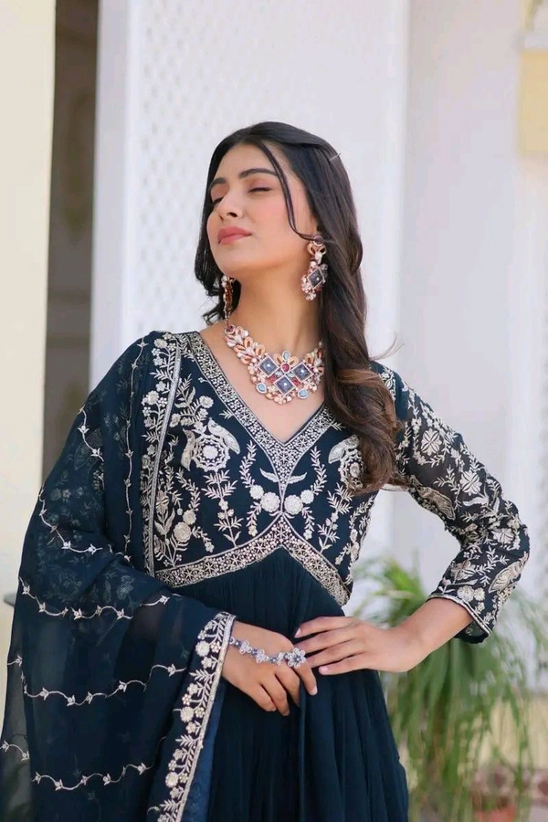 Dazzling Fox Georgette Gown with Heavy Sequence Embroidery & Matching Dupatta – Fully Stitched| My Handicraft India - Firefly, M