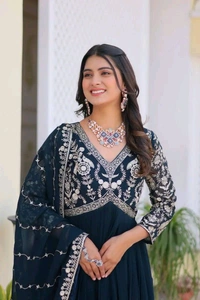 Dazzling Fox Georgette Gown with Heavy Sequence Embroidery & Matching Dupatta – Fully Stitched| My Handicraft India - Firefly, M