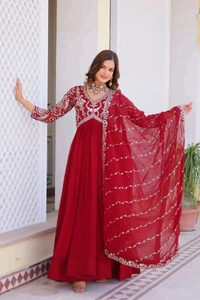 Dazzling Fox Georgette Gown with Heavy Sequence Embroidery & Matching Dupatta – Fully Stitched| My Handicraft India - Shiraz, M