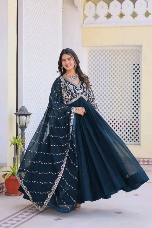 Dazzling Fox Georgette Gown with Heavy Sequence Embroidery & Matching Dupatta – Fully Stitched| My Handicraft India - Firefly, XL