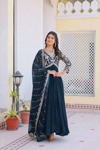 Dazzling Fox Georgette Gown with Heavy Sequence Embroidery & Matching Dupatta – Fully Stitched| My Handicraft India - Firefly, XL