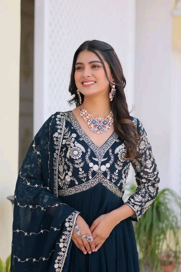 Dazzling Fox Georgette Gown with Heavy Sequence Embroidery & Matching Dupatta – Fully Stitched| My Handicraft India - Firefly, XL