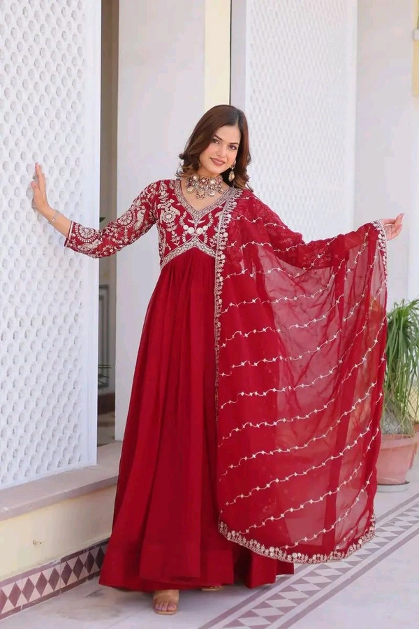 Dazzling Fox Georgette Gown with Heavy Sequence Embroidery & Matching Dupatta – Fully Stitched| My Handicraft India - Shiraz, XL