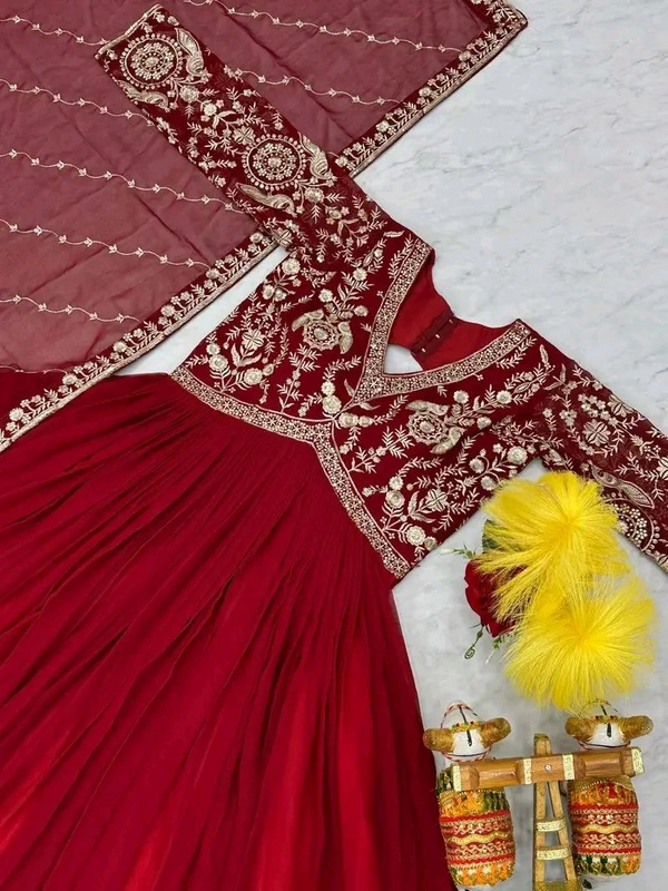 Dazzling Fox Georgette Gown with Heavy Sequence Embroidery & Matching Dupatta – Fully Stitched| My Handicraft India - Shiraz, XXL