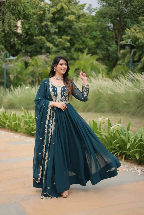 Beautiful Aqua Blue Color Zari Embroidered Work Gown
 - Big Stone, L