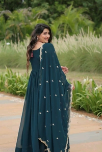Beautiful Aqua Blue Color Zari Embroidered Work Gown
 - Big Stone, L
