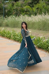 Beautiful Aqua Blue Color Zari Embroidered Work Gown
 - Big Stone, M