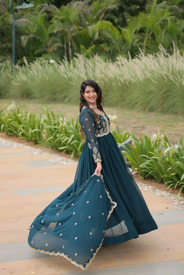 Beautiful Aqua Blue Color Zari Embroidered Work Gown
 - Big Stone, M