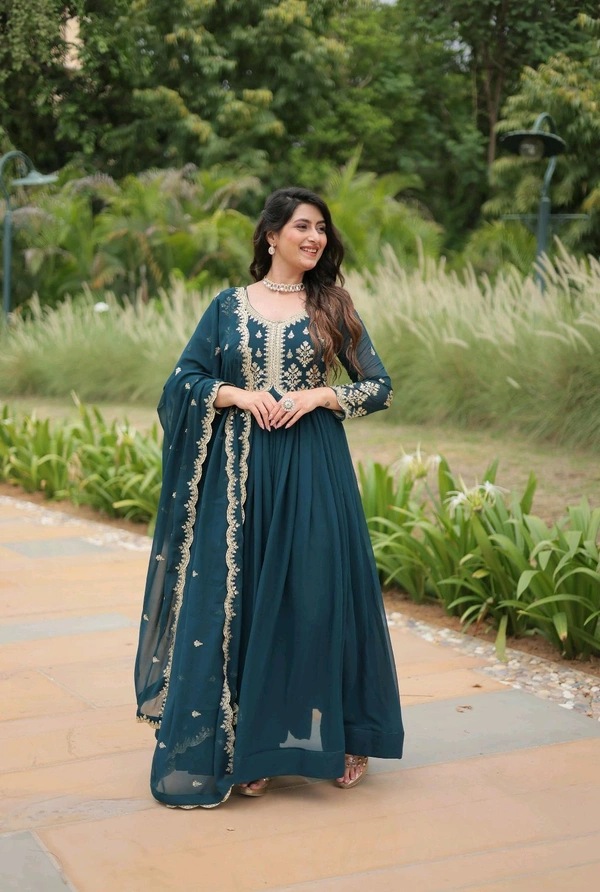 Beautiful Aqua Blue Color Zari Embroidered Work Gown
 - Big Stone, M