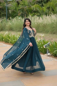 Beautiful Aqua Blue Color Zari Embroidered Work Gown
 - Big Stone, XXL