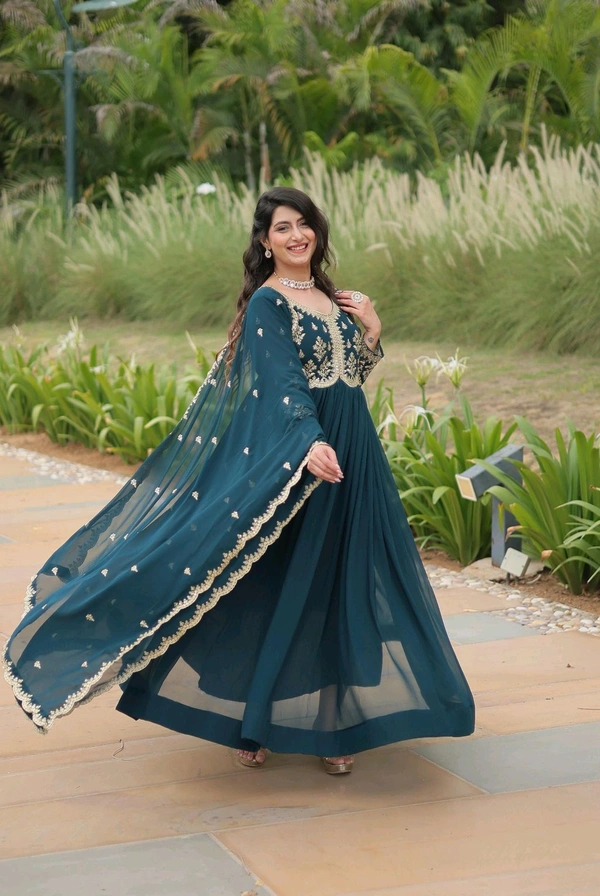 Beautiful Aqua Blue Color Zari Embroidered Work Gown
 - Big Stone, XXL